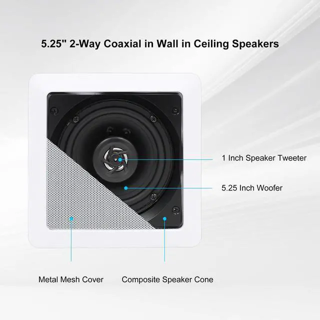 Alt view image 5 of 7 - 5.25 Inches 2-Way Bluetooth Ceiling Speakers with 4 Channel Wall Amplifier, 320W Square in Wall Speaker System for Home Theater Office Kitchen, 2 Pairs