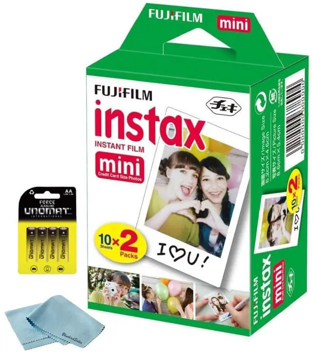 Main image of Instax Mini Instant Film, 20 Shots (10 Sheets x 2) Capture Memories Anytime, Anywhere + BluebirdSales Premium Cleaning Cloth & 8 AA Batteries