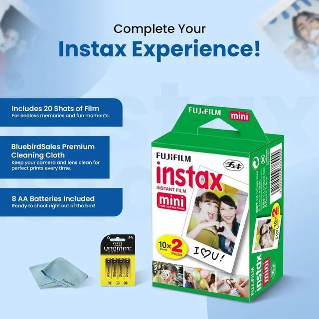 Alt view image 2 of 7 - Instax Mini Instant Film, 20 Shots (10 Sheets x 2) Capture Memories Anytime, Anywhere + BluebirdSales Premium Cleaning Cloth & 8 AA Batteries