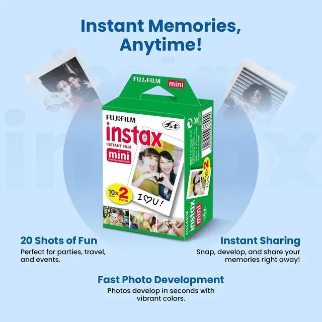 Alt view image 4 of 7 - Instax Mini Instant Film, 20 Shots (10 Sheets x 2) Capture Memories Anytime, Anywhere + BluebirdSales Premium Cleaning Cloth & 8 AA Batteries