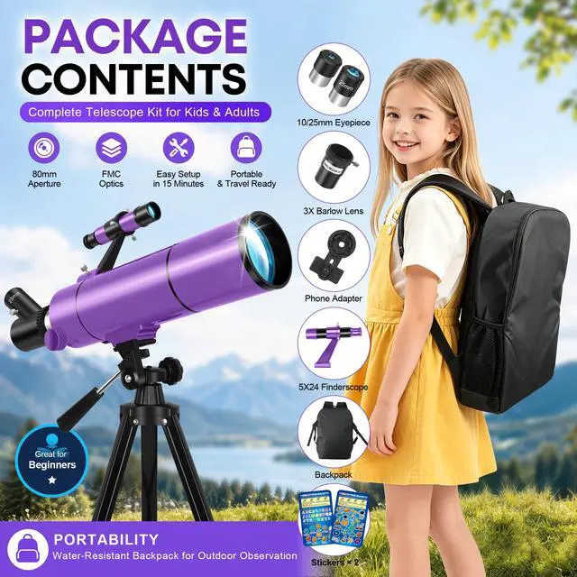 Alt view image 2 of 7 - Telescope for Kids & Adults, 80mm 500mm Portable Refractor, Purple | High Powered Astronomy Travel Telescope for Beginners, Fully Multi-Coated Optics, Tripod, Phone Adapter, Stickers & Backpack