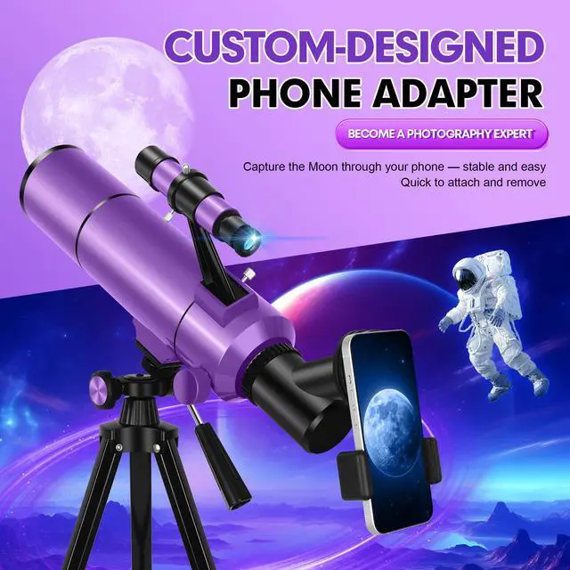 Alt view image 3 of 7 - Telescope for Kids & Adults, 80mm 500mm Portable Refractor, Purple | High Powered Astronomy Travel Telescope for Beginners, Fully Multi-Coated Optics, Tripod, Phone Adapter, Stickers & Backpack