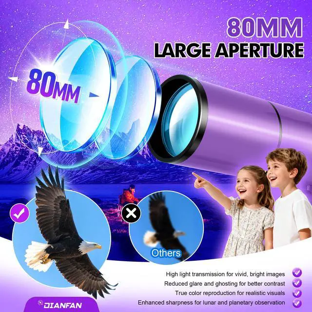 Alt view image 5 of 7 - Telescope for Kids & Adults, 80mm 500mm Portable Refractor, Purple | High Powered Astronomy Travel Telescope for Beginners, Fully Multi-Coated Optics, Tripod, Phone Adapter, Stickers & Backpack