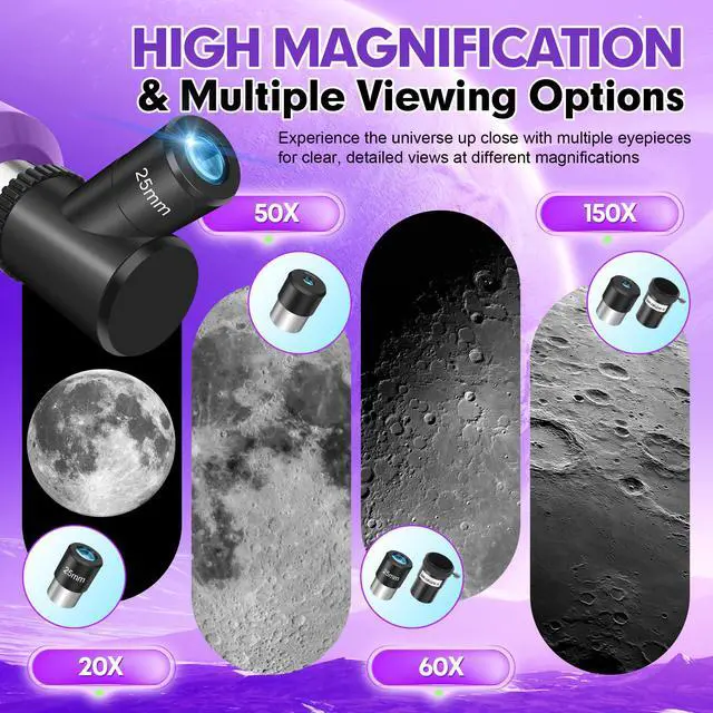 Alt view image 6 of 7 - Telescope for Kids & Adults, 80mm 500mm Portable Refractor, Purple | High Powered Astronomy Travel Telescope for Beginners, Fully Multi-Coated Optics, Tripod, Phone Adapter, Stickers & Backpack