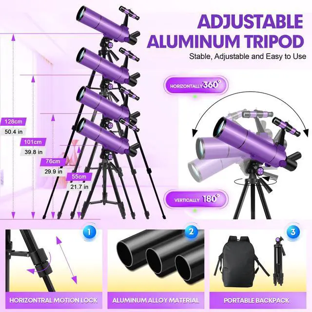 Alt view image 7 of 7 - Telescope for Kids & Adults, 80mm 500mm Portable Refractor, Purple | High Powered Astronomy Travel Telescope for Beginners, Fully Multi-Coated Optics, Tripod, Phone Adapter, Stickers & Backpack