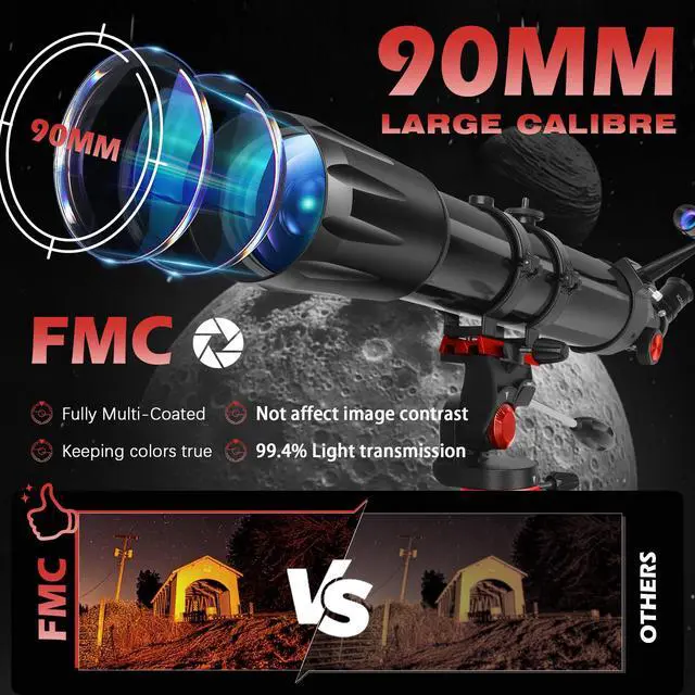 Alt view image 2 of 7 - Telescope for Adults High Powered, 90mm Aperture 900mm Refractor | Telescopes for Kids & Beginners, Magnification 450X,for Planet Observation with Stainless Tripod & Phone Adapter