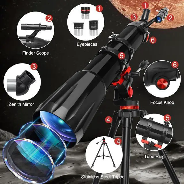 Alt view image 6 of 7 - Telescope for Adults High Powered, 90mm Aperture 900mm Refractor | Telescopes for Kids & Beginners, Magnification 450X,for Planet Observation with Stainless Tripod & Phone Adapter