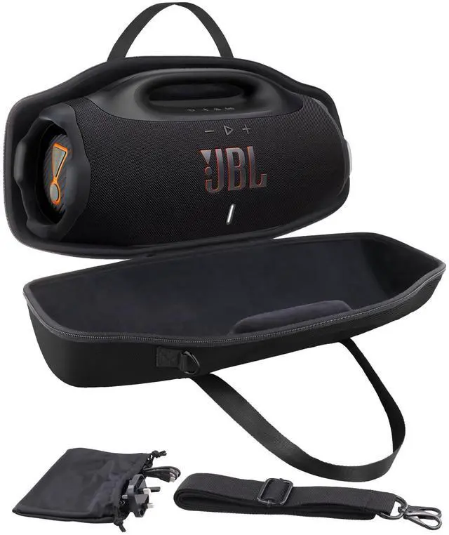 Main image of Hard Case for JBL Boombox 4 Portable Bluetooth Speaker, Black | Velvet Accessory Pouch, Integrated Handle Slot, Cable Organization, Shoulder Strap, Soft Velvet Lining, Secure Carrying