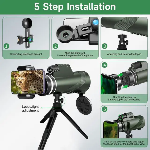 Alt view image 2 of 6 - Monocular-Telescope 80x100 High Powered Monoculars High Definition forAduts High Powered with HD BAK4 Prism Smartphone AdapterTelescope Bird Watching Travel Camping Hiking-Green