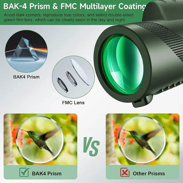 Alt view image 4 of 6 - Monocular-Telescope 80x100 High Powered Monoculars High Definition forAduts High Powered with HD BAK4 Prism Smartphone AdapterTelescope Bird Watching Travel Camping Hiking-Green