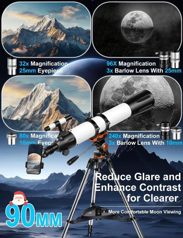 Alt view image 2 of 7 - Telescope for Adults High Powered,90mm Aperture 800mm Refractor | Professional Telescopes,32X-240X Magnification,AZ Mount Tripod,Phone Adapter & Carry Bag,for Astronomy Beginners Stargazing