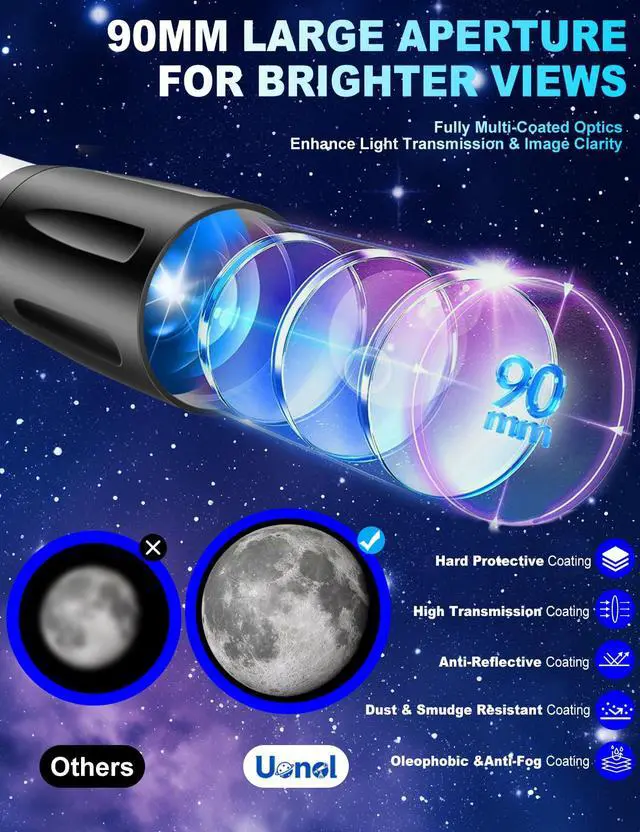 Alt view image 3 of 7 - Telescope for Adults High Powered,90mm Aperture 800mm Refractor | Professional Telescopes,32X-240X Magnification,AZ Mount Tripod,Phone Adapter & Carry Bag,for Astronomy Beginners Stargazing