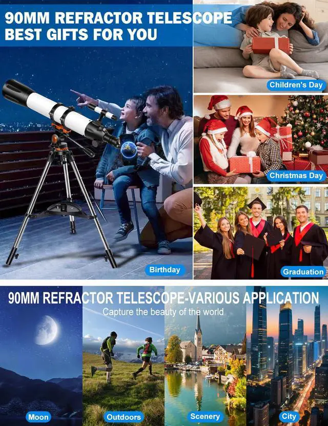 Alt view image 4 of 7 - Telescope for Adults High Powered,90mm Aperture 800mm Refractor | Professional Telescopes,32X-240X Magnification,AZ Mount Tripod,Phone Adapter & Carry Bag,for Astronomy Beginners Stargazing