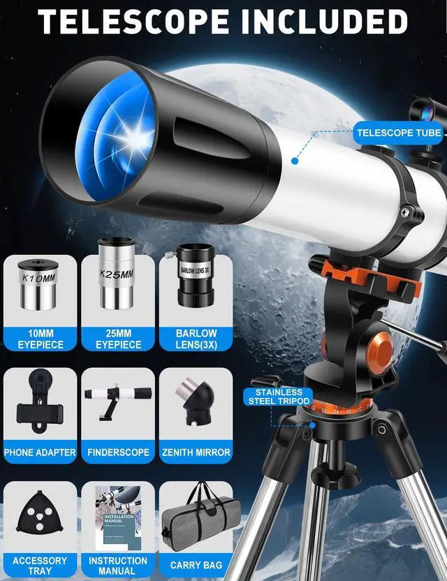 Alt view image 7 of 7 - Telescope for Adults High Powered,90mm Aperture 800mm Refractor | Professional Telescopes,32X-240X Magnification,AZ Mount Tripod,Phone Adapter & Carry Bag,for Astronomy Beginners Stargazing