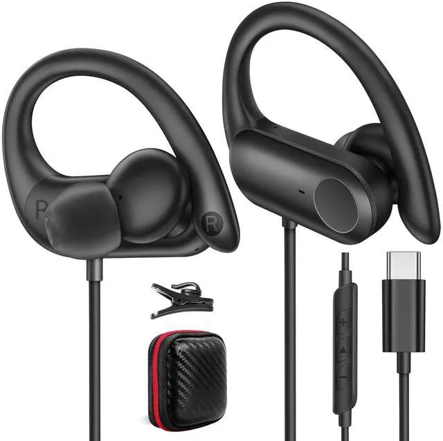 Main image of USB C Headphones with Earhook Mic & Volume Control HiFi Stereo Sound | Type C Workout Wired Earbuds, in-Ear Sports Earphone for iPhone 17 16 15/Samsung/Google/Chromebook Laptop/Kids/Travel Black