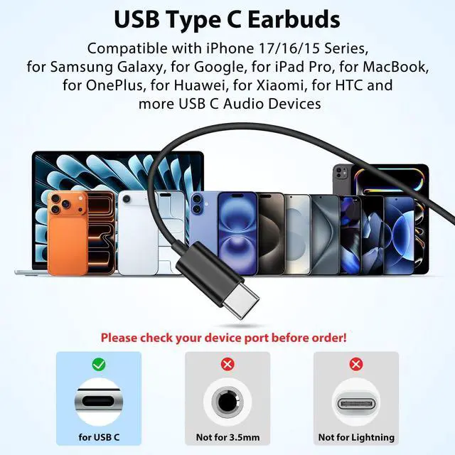 Alt view image 7 of 7 - USB C Headphones with Earhook Mic & Volume Control HiFi Stereo Sound | Type C Workout Wired Earbuds, in-Ear Sports Earphone for iPhone 17 16 15/Samsung/Google/Chromebook Laptop/Kids/Travel Black