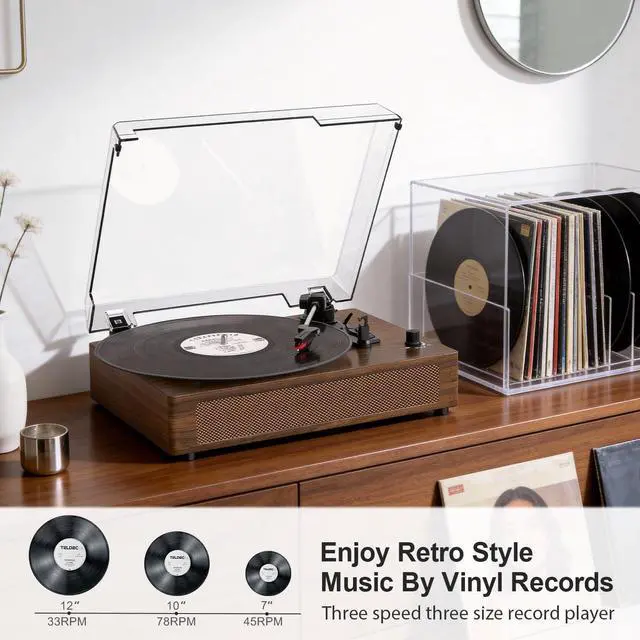 Alt view image 2 of 7 - Vintage Vinyl Record Player with Bluetooth & Built-in Stereo Speakers, 3-Speed Belt-Drive Turntable with Auto Stop, RCA Output & AUX in/Out, Classic Walnut Wood