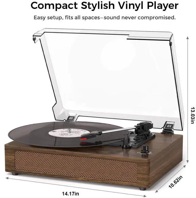 Alt view image 3 of 7 - Vintage Vinyl Record Player with Bluetooth & Built-in Stereo Speakers, 3-Speed Belt-Drive Turntable with Auto Stop, RCA Output & AUX in/Out, Classic Walnut Wood