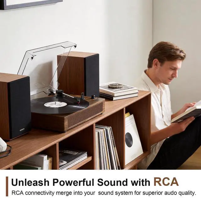 Alt view image 4 of 7 - Vintage Vinyl Record Player with Bluetooth & Built-in Stereo Speakers, 3-Speed Belt-Drive Turntable with Auto Stop, RCA Output & AUX in/Out, Classic Walnut Wood