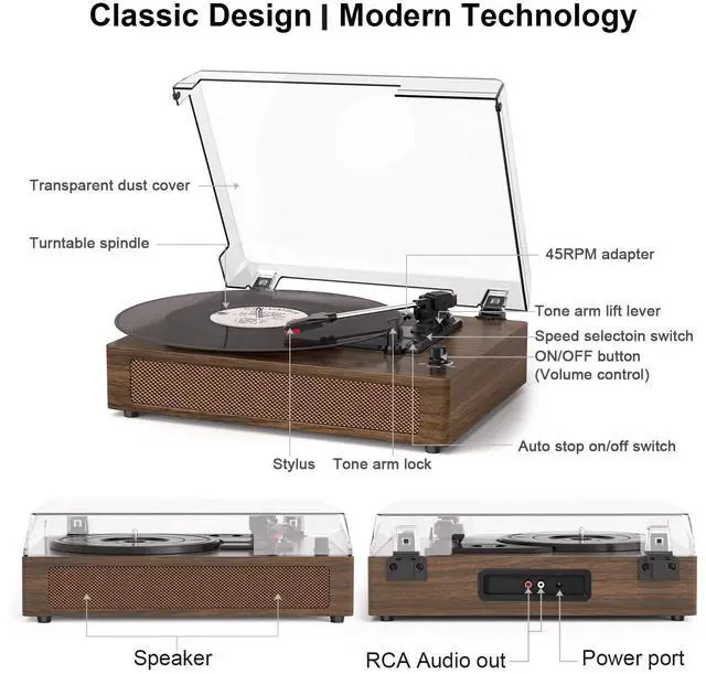 Alt view image 5 of 7 - Vintage Vinyl Record Player with Bluetooth & Built-in Stereo Speakers, 3-Speed Belt-Drive Turntable with Auto Stop, RCA Output & AUX in/Out, Classic Walnut Wood