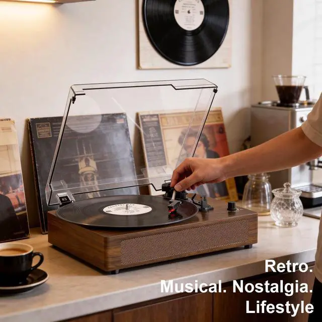 Alt view image 7 of 7 - Vintage Vinyl Record Player with Bluetooth & Built-in Stereo Speakers, 3-Speed Belt-Drive Turntable with Auto Stop, RCA Output & AUX in/Out, Classic Walnut Wood