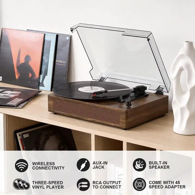 Alt view image 6 of 7 - Vintage Vinyl Record Player with Bluetooth & Built-in Stereo Speakers, 3-Speed Belt-Drive Turntable with Auto Stop, RCA Output & AUX in/Out, Classic Walnut Wood
