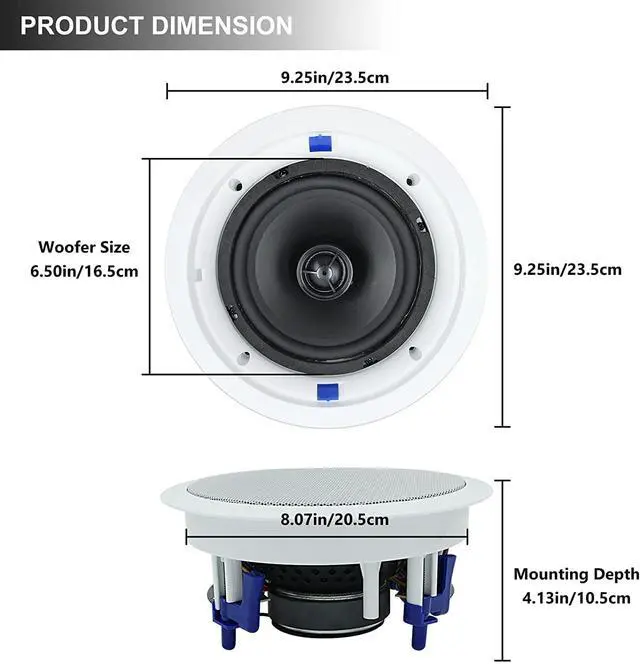 Alt view image 4 of 5 - Passive Ceiling Speakers 6.5 Inch, 320W 2-Way Round Flush Mount Speakers, Easy to Install, Suitable for Home Theater Living Room Office, (White, Pair)