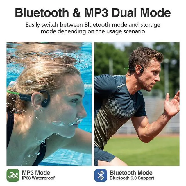 Alt view image 6 of 7 - Bone Conduction Headphone Bluetooth 6.0, IP68 Waterproof Swimming Headphones Underwater Built-in 32G MP3 Player, Open Ear Headphones with Mic,15H Playtime for Running, Fitness(Green)