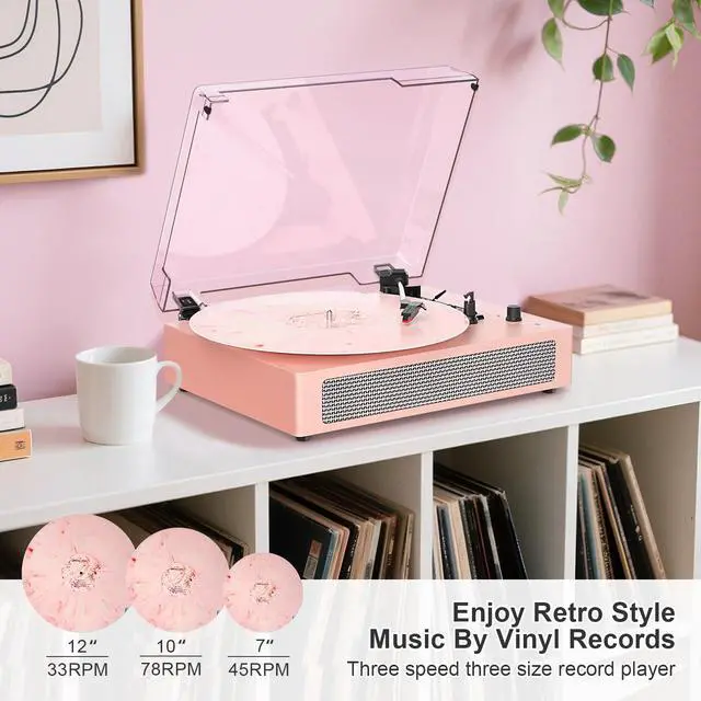 Alt view image 3 of 7 - Vinyl Record Player Vintage 3-Speed Wireless Bluetooth Turntable with Belt-Drive, Built-in Stereo Speakers, RCA Output, AUX in, Auto Stop, Pink LP Player