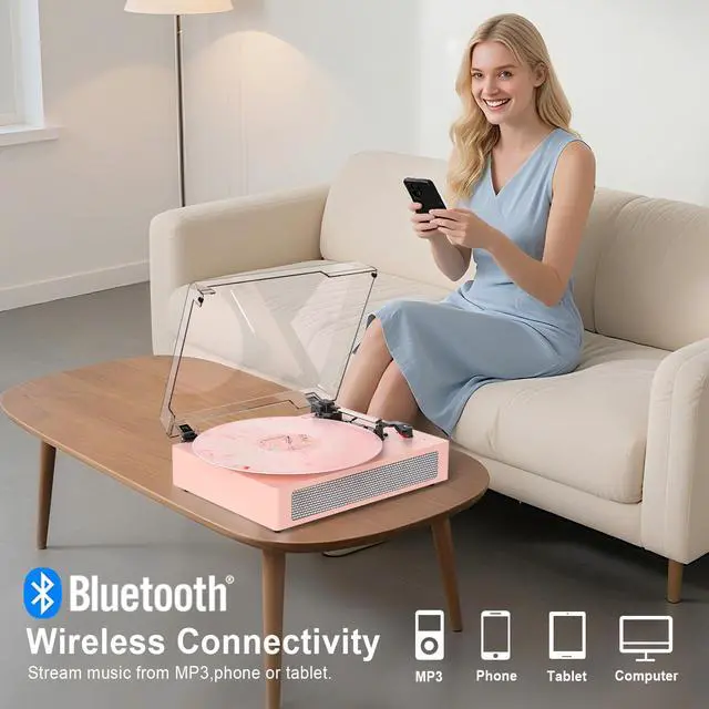 Alt view image 2 of 7 - Vinyl Record Player Vintage 3-Speed Wireless Bluetooth Turntable with Belt-Drive, Built-in Stereo Speakers, RCA Output, AUX in, Auto Stop, Pink LP Player