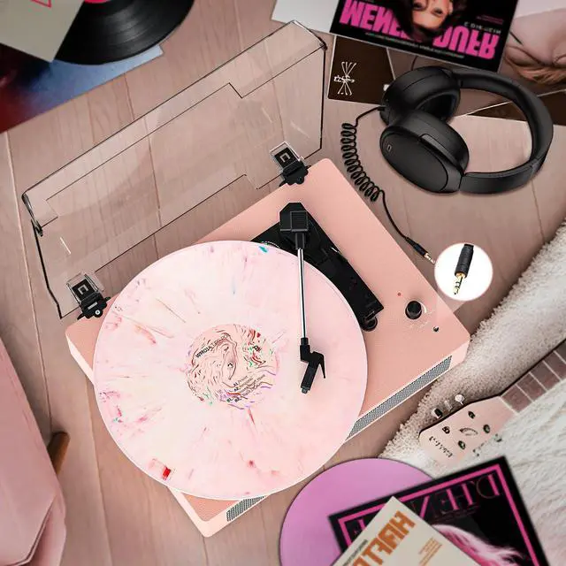 Alt view image 6 of 7 - Vinyl Record Player Vintage 3-Speed Wireless Bluetooth Turntable with Belt-Drive, Built-in Stereo Speakers, RCA Output, AUX in, Auto Stop, Pink LP Player