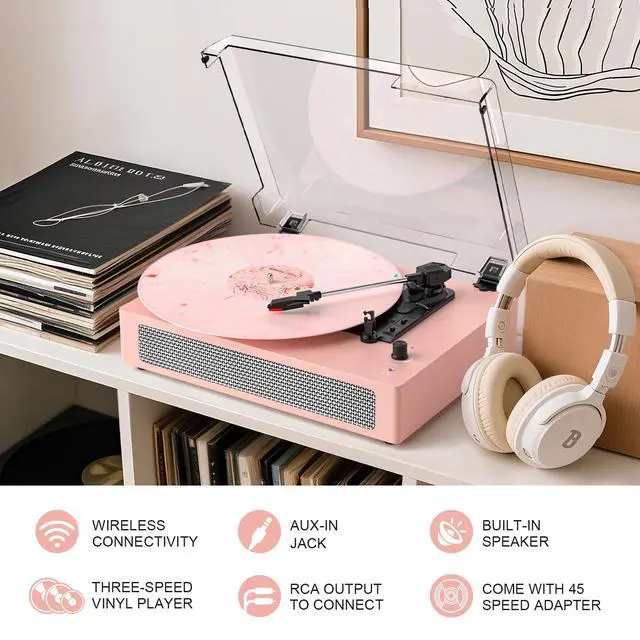 Alt view image 7 of 7 - Vinyl Record Player Vintage 3-Speed Wireless Bluetooth Turntable with Belt-Drive, Built-in Stereo Speakers, RCA Output, AUX in, Auto Stop, Pink LP Player