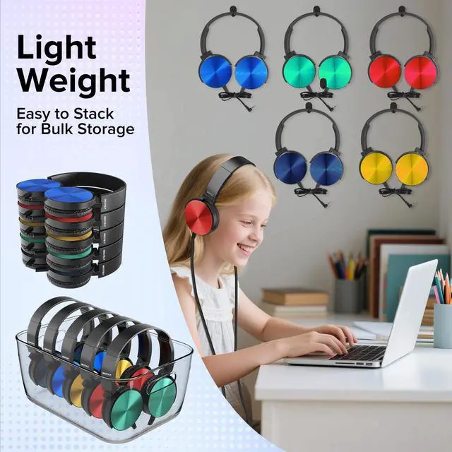 Alt view image 6 of 7 - Kids Headphones Bulk 5 Pack Mixed Colors,On-Ear Premium Student Bulk Headphones,Comfy Swivel Earphones for Classroom School Library Airplane,Noise Stereo Sound 3.5mm Jack(HTC004)