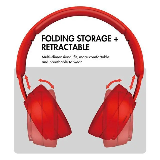 Alt view image 2 of 6 - RED Wireless Headphones Foldable Wired/TF, Suitable for Adults/Kids | High-fidelity stereo, 30H Playtime, dual 40mm driver speakers, comes with a 1.5m audio cable.Wireless Bluetooth 5.2