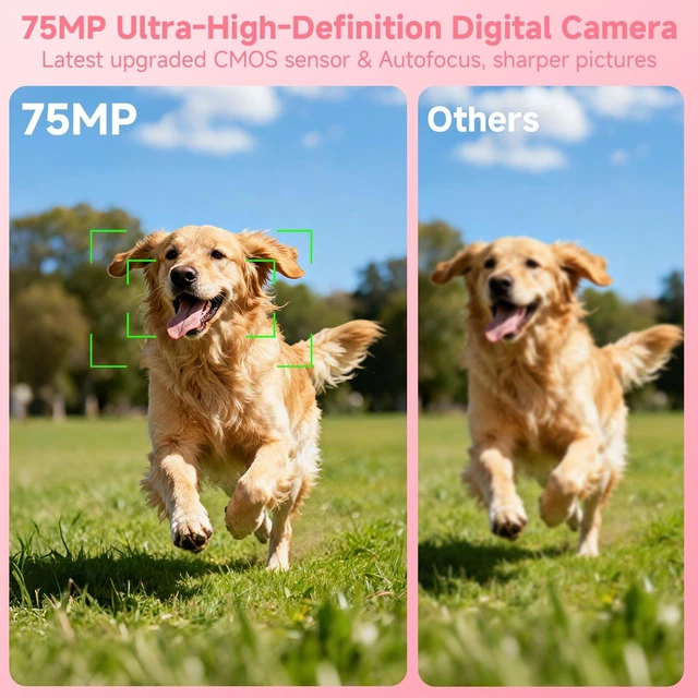 Alt view image 3 of 7 - 5K Digital Camera for Photography,UHD 75MP WiFi Vlogging Camera for YouTube,Compact Camera with 3" 180°Flip Screen,64GB SD Card,16X Digital Zoom,2 Batteries,Perfect for Beginners and Teens,Pink