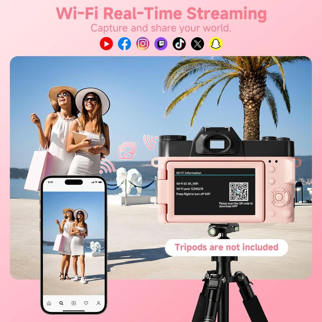 Alt view image 4 of 7 - 5K Digital Camera for Photography,UHD 75MP WiFi Vlogging Camera for YouTube,Compact Camera with 3" 180°Flip Screen,64GB SD Card,16X Digital Zoom,2 Batteries,Perfect for Beginners and Teens,Pink