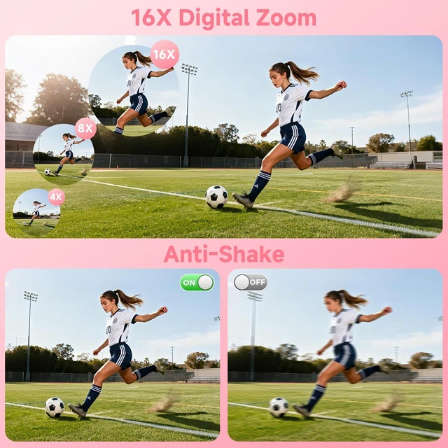 Alt view image 5 of 7 - 5K Digital Camera for Photography,UHD 75MP WiFi Vlogging Camera for YouTube,Compact Camera with 3" 180°Flip Screen,64GB SD Card,16X Digital Zoom,2 Batteries,Perfect for Beginners and Teens,Pink