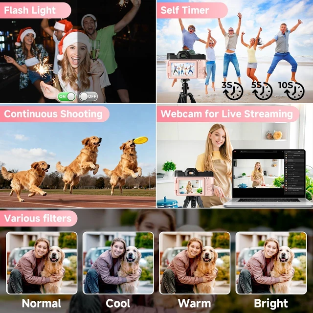 Alt view image 6 of 7 - 5K Digital Camera for Photography,UHD 75MP WiFi Vlogging Camera for YouTube,Compact Camera with 3" 180°Flip Screen,64GB SD Card,16X Digital Zoom,2 Batteries,Perfect for Beginners and Teens,Pink