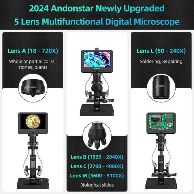Alt view image 2 of 7 - AD266S 20X-5000X HDMI Digital Microscope, 5 Lens 2160P UHD Video | 7'' LCD IPS Screen, Metal Biological Stand, X-Y Moveable Stage, Home Lab Microscope Kit with Slides, Coin Full View