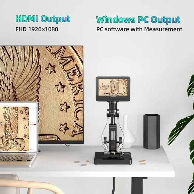 Alt view image 6 of 7 - AD266S 20X-5000X HDMI Digital Microscope, 5 Lens 2160P UHD Video | 7'' LCD IPS Screen, Metal Biological Stand, X-Y Moveable Stage, Home Lab Microscope Kit with Slides, Coin Full View