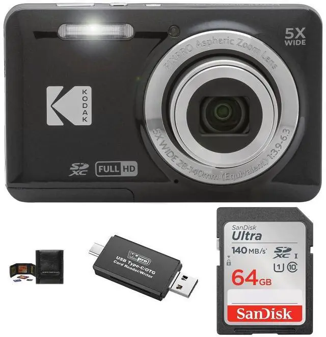 Main image of PIXPRO FZ55 Digital Camera Bundle, Includes: SanDisk 64GB SDXC Memory Card, SD Card Reader Compatible with Computers and Smartphones and Memory Card Wallet (4 Items) (Black)