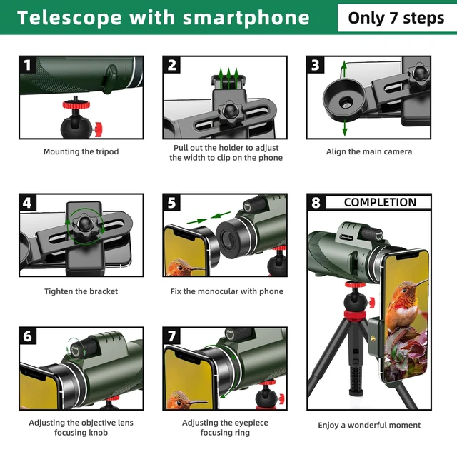 Alt view image 7 of 7 - 40x60 HD Monocular Telescope for Adults with Smartphone Adapter Tripod Hand Strap, Hand-held Monocular for Adults with BAK4 Prism&FMC Lens for Birdwatching Hiking Concert Travelling