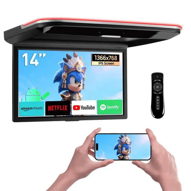 Main image of 14-Inch Android Car Overhead Player, 2GB+32GB, HDMI, WiFi | 1366 x 768 HD Flip-Down Roof Mount Monitor with Built-in Speaker, Bluetooth, USB input, Screen Mirroring for Cars and SUVs