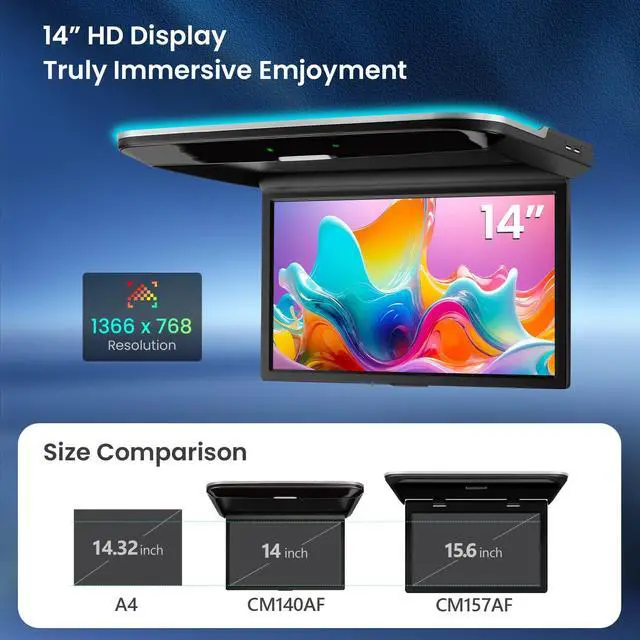 Alt view image 3 of 7 - 14-Inch Android Car Overhead Player, 2GB+32GB, HDMI, WiFi | 1366 x 768 HD Flip-Down Roof Mount Monitor with Built-in Speaker, Bluetooth, USB input, Screen Mirroring for Cars and SUVs