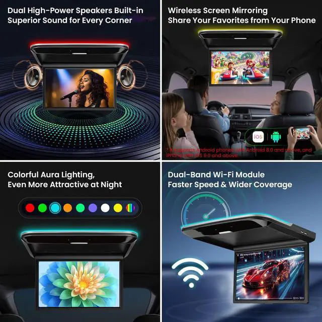 Alt view image 5 of 7 - 14-Inch Android Car Overhead Player, 2GB+32GB, HDMI, WiFi | 1366 x 768 HD Flip-Down Roof Mount Monitor with Built-in Speaker, Bluetooth, USB input, Screen Mirroring for Cars and SUVs