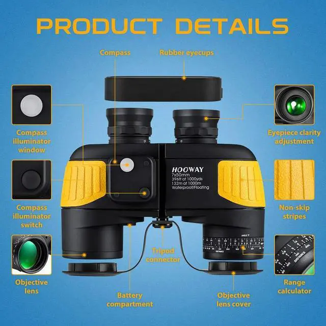 Alt view image 6 of 7 - 7x50 Waterproof Fogproof Military Marine Binoculars w/Internal Rangefinder & Compass for Navigation,Boating,Fishing,and More