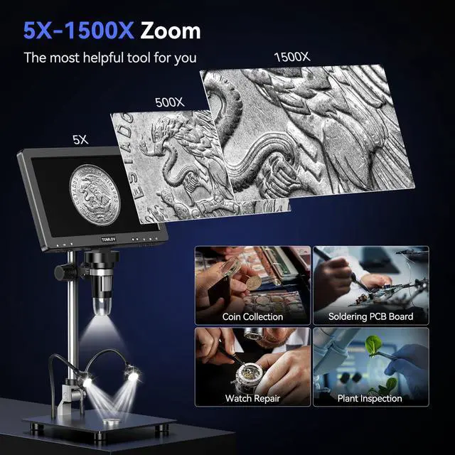 Alt view image 3 of 7 - DM9 Max Digital Microscope: 20MP 10.1" 1500X HD IPS Coin Microscope Magnifier for Error Coins with Screen, LCD Soldering Microscopes for Adults, 10 LED Lights, PC/TV Compatible, 16GB