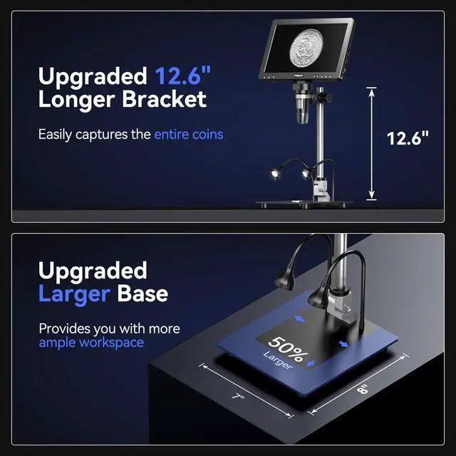 Alt view image 5 of 7 - DM9 Max Digital Microscope: 20MP 10.1" 1500X HD IPS Coin Microscope Magnifier for Error Coins with Screen, LCD Soldering Microscopes for Adults, 10 LED Lights, PC/TV Compatible, 16GB