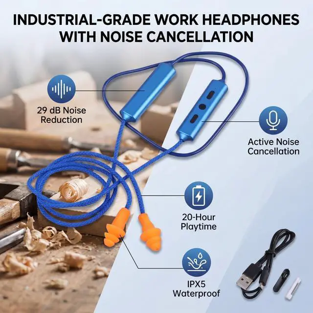 Alt view image 2 of 7 - Neckband Bluetooth Work Headphones, IPX5 Water Proof, Noise Reduction Wireless Neckband Headphones with Mic, 20 Hrs Playtime, Rechargeable (Blue)