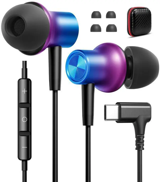 Main image of USB C Headphones Wired Earbuds Ear Buds with Mic for Apple/Android | 90° Angled Plug in USBC Wire Earphones Corded Type C for iPhone 17 17e 16 16e 15 Pro Max Air for Samsung S26 S25 S24 S23 S22